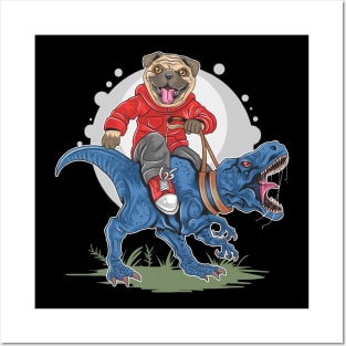 cute pug dog riding a t-rex Posters and Art